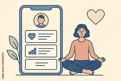 Asian adult female meditating with yoga app for mindfulness and relaxation