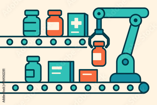 Robotic arm managing pharmaceutical bottles on conveyor belt