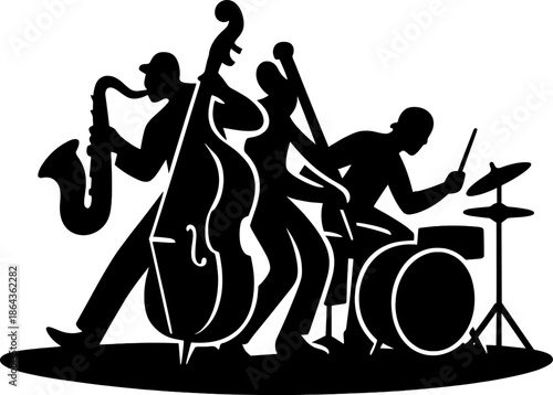 Silhouette of jazz band trio with saxophone, bass, and drums performing