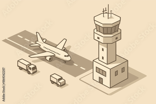 Isometric of airport scene with airplane on runway and control tower