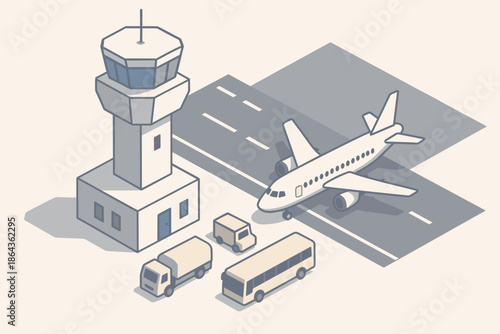 Isometric airport scene with control tower, airplane, bus, and vans on runway