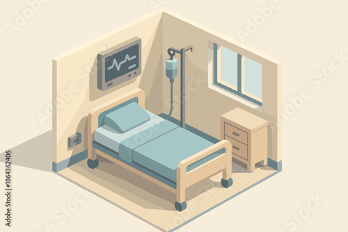 Isometric hospital room with bed and medical equipment in pastel tones