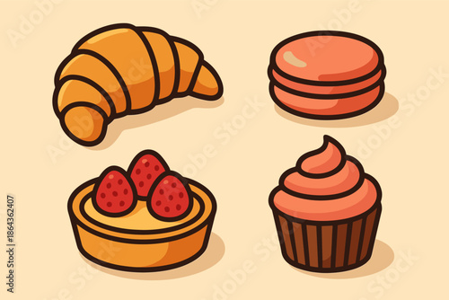 Colorful cartoon desserts: croissant, macaron, tart, cupcake