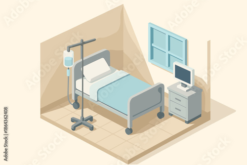 Isometric hospital room with bed iv stand and equipment