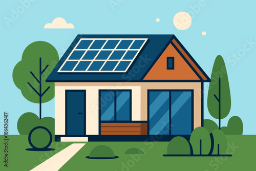 Eco-friendly house with solar panels in minimalist design