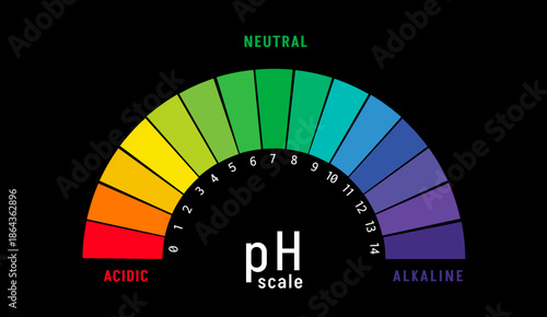 pH scale chart with color indicator showing acidic to alkaline levels from 0 to 14, designed for education, chemistry, science infographics, laboratory visuals, and data presentation.