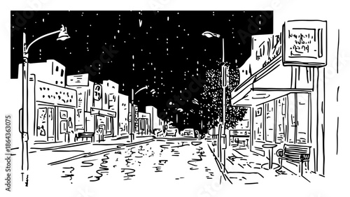 Night city street sketch with buildings and wet road reflection in ink style