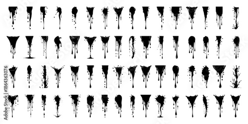 Grunge ink drip and splash silhouette set collection of liquid paint stains