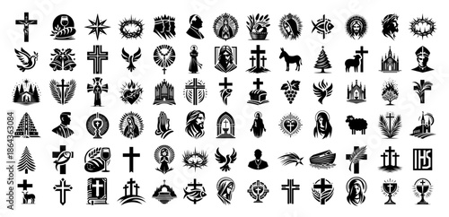 Large collection of Christian symbols and church icons including crucifix and prayer