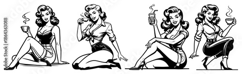 Retro pin-up girl drinking coffee sketch set vintage woman posing with cup illustration