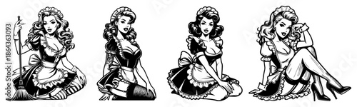 Retro maid pin-up girl sketch set vintage housekeeper woman in uniform posing vector illustration