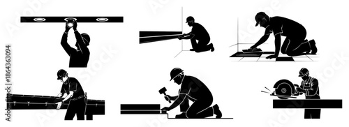Construction worker silhouette set showing handyman doing home renovation and repair tasks vector collection
