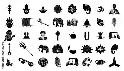 Indian culture and religion icon set featuring Ganesha Om lotus and traditional travel symbols collection