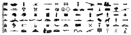 Huge military war icon set including army vehicles soldiers weapons and combat equipment silhouettes