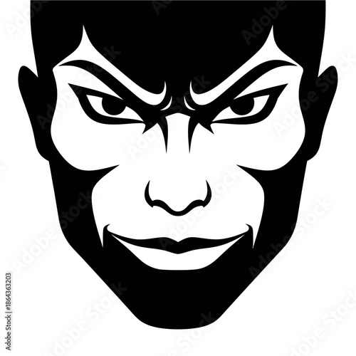 Angry gorilla face illustration with aggressive expression and sharp eyebrows on white background with emotion and vector and graphic and art