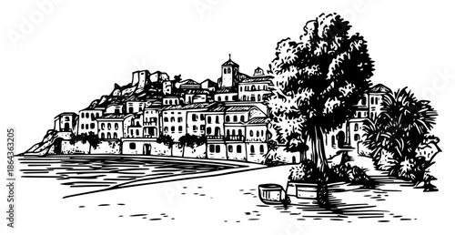Mediterranean coastal town sketch landscape with seaside houses and trees illustration