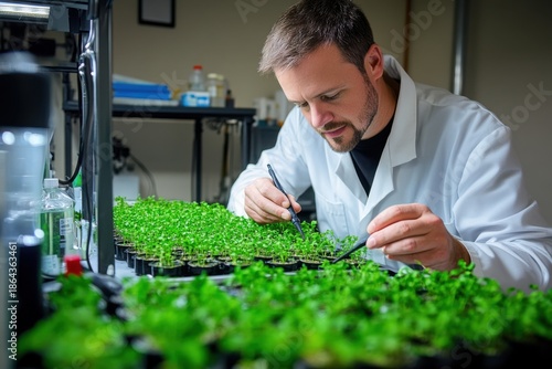 A scientist examines small green plants growing in a lab environment.