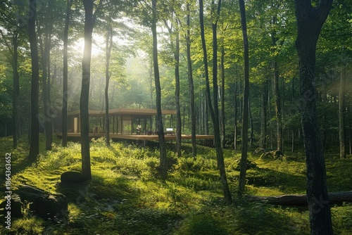 A modern glass house sits serenely within a lush green forest during golden hour sunlight.