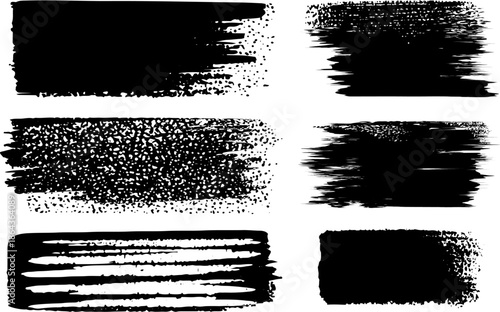 Grunge paint stripes and brayer print effects with merged black lines.
Thick rectangular callout stamps and chalk-style text boxes.
