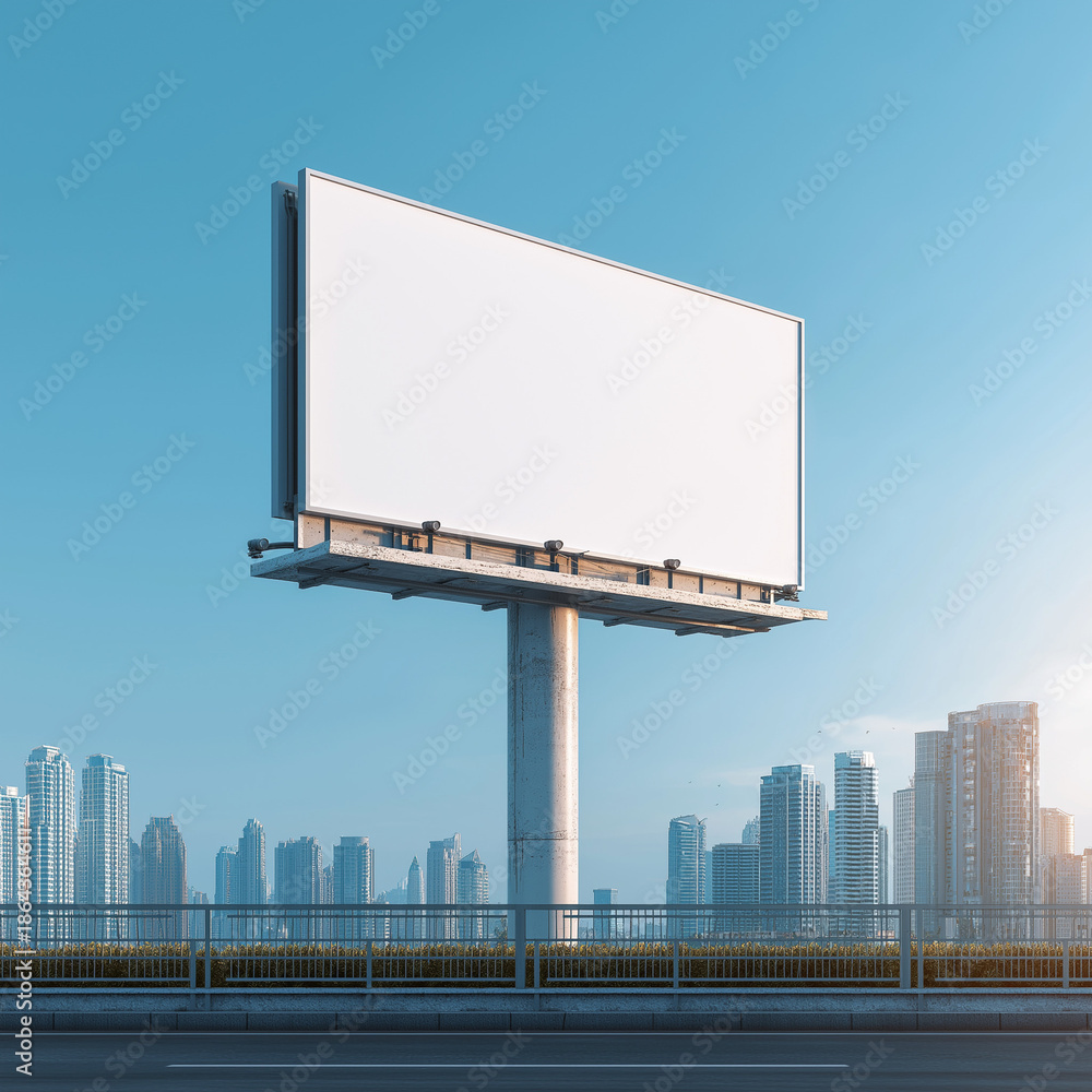 Fototapeta premium Modern Outdoor Billboard with Blank White Advertising Space in Urban City Skyline Background