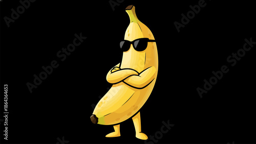 Cool cartoon banana wearing trendy sunglasses confidently