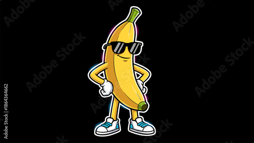 Cool cartoon banana wearing sunglasses and sneakers poses confidently