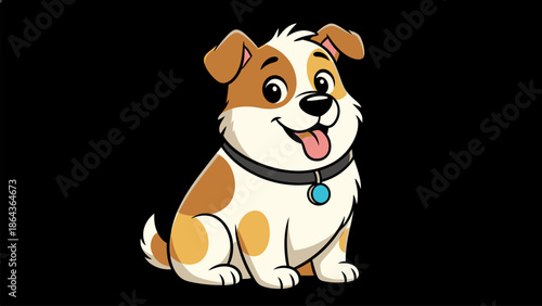 Cute brown and white dog sitting with blue tag on collar