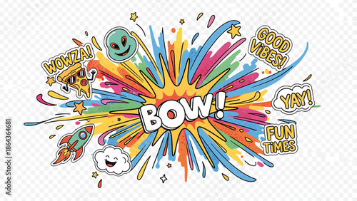 Vibrant cartoon explosion with fun text and emojis