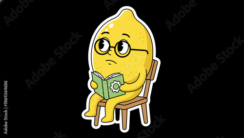 Cute cartoon lemon character reading a book on engineering