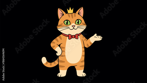 Regal cartoon cat wearing crown and bow tie gesturing