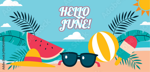 Cartoon vector illustration of a tropical summer beach with palm trees, sand, and cute fish in the ocean water under a sunny sky for a nature vacation design