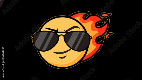 Cool smiling emoji wearing sunglasses with flame background