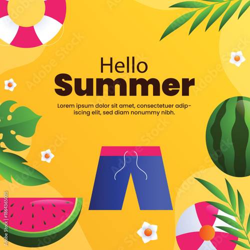 Vintage summer holiday poster and beach background design featuring a retro sea travel illustration with sun icons and nature elements for a decorative banner or seasonal card