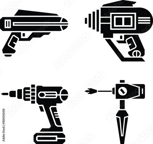 Weapon and Industrial Power Tool Silhouette Vector Icon Set