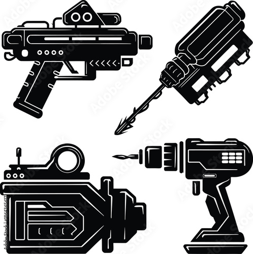 Weapon and Industrial Power Tool Silhouette Vector Icon Set