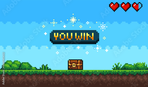 Pixel art Game background with you won game button. Game design concept in retro style. Vector illustration