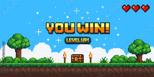 Pixel art background with you won game button. Game design concept in retro style. Vector illustration