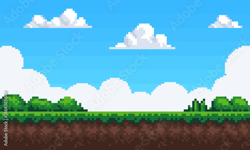 Pixel art background sky, clouds and grass. seamless Vector illustration