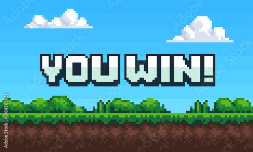 Pixel art game background with grass, sky and you won button. vector 8-bit