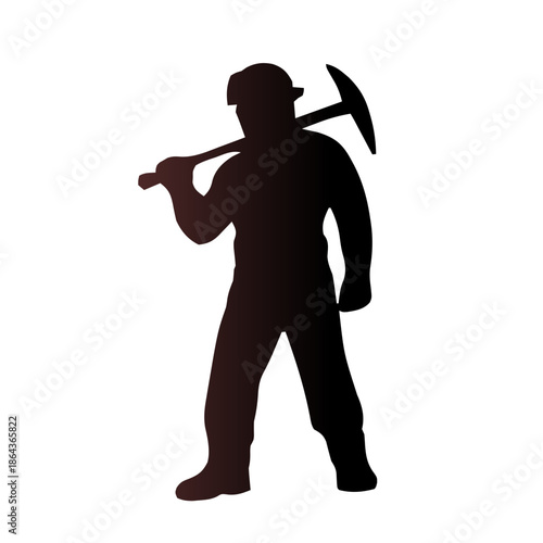 Silhouette of a miner holding a pickaxe over his shoulder, isolated on a white background.