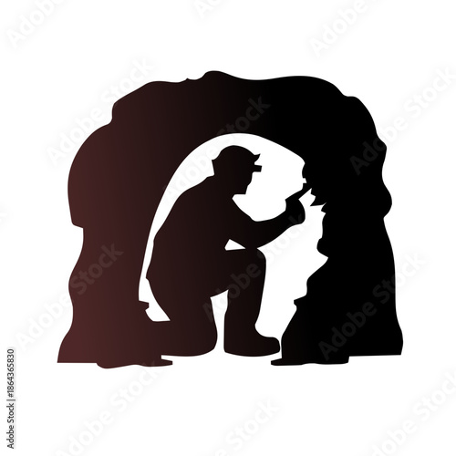 Silhouette of a miner in a helmet with a headlamp, kneeling inside a dark cave, examining a rock formation.