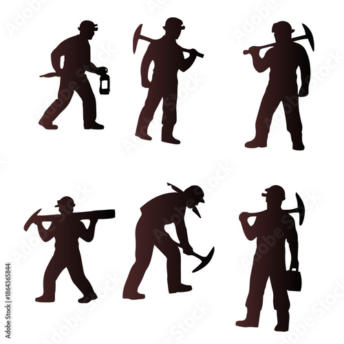 Silhouettes of miners in various poses, some holding tools like pickaxes and lanterns.