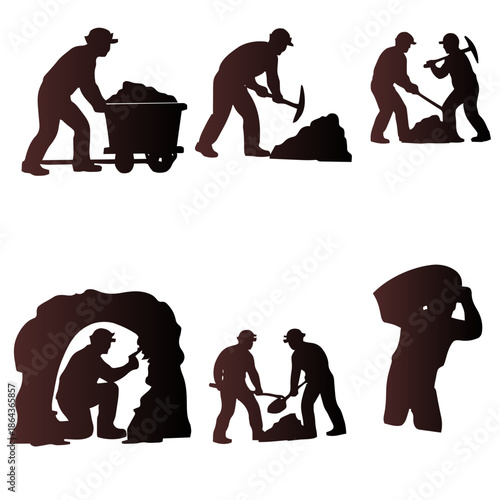 Silhouettes of miners engaged in various mining activities, including pushing a cart, digging, and carrying heavy loads.