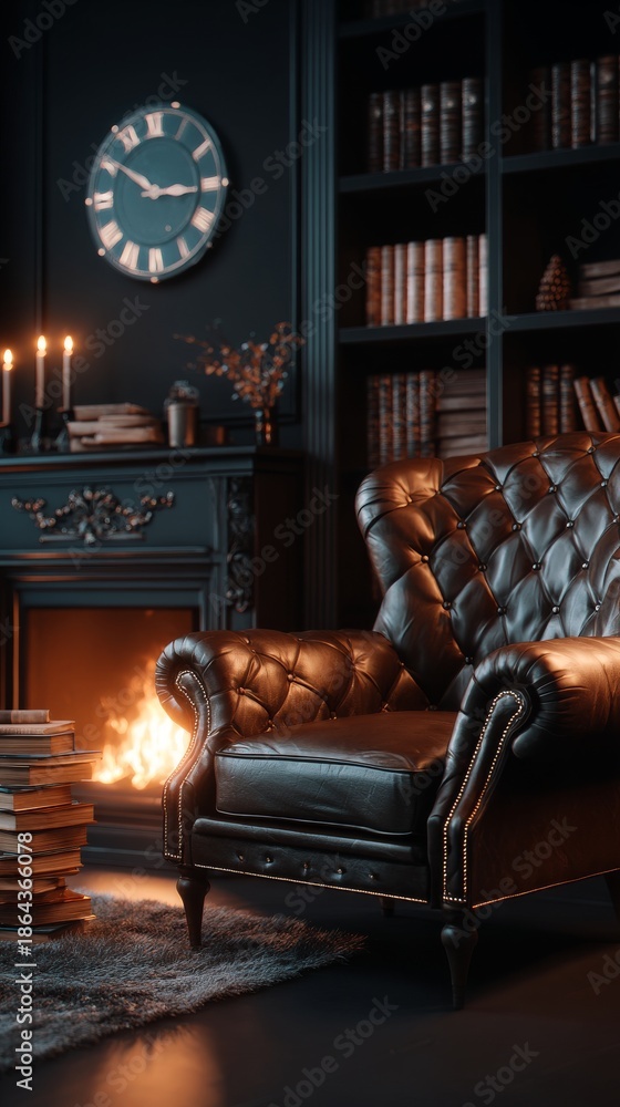 Obraz premium Brown leather armchair in dark academia library with fireplace