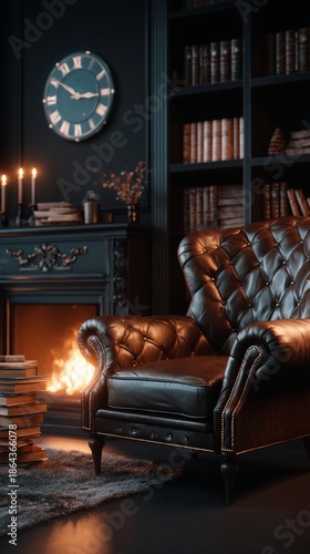 Brown leather armchair in dark academia library with fireplace