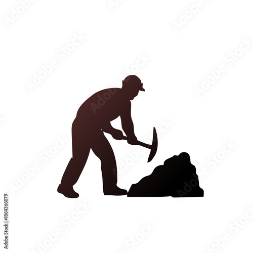 Silhouette of a miner digging with a pickaxe in a pile of rocks.