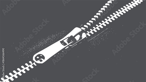 Closeup view of a partially unzipped black zipper with silver teeth slider