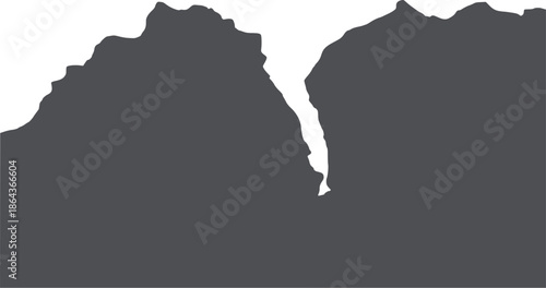 Dark gray silhouette of two landmasses separated by a narrow waterway geography coastline
