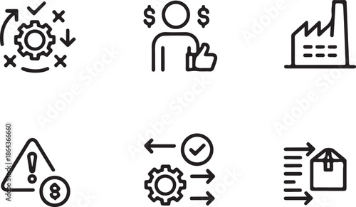 Workflow and Economic Icons: A comprehensive set of icons, illustrating the various stages of the process and economic activities, from planning to distribution, encompassing problem-solving.