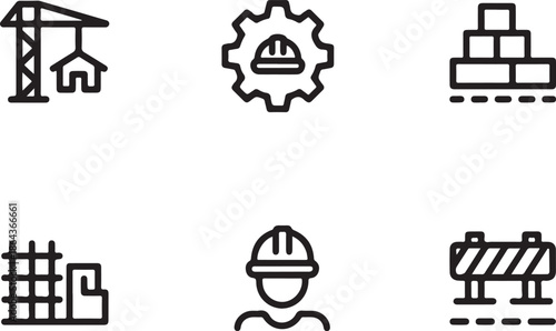 Construction Elements Icons: A collection of concise icons representing key elements and concepts within the construction and architecture field, providing visual representation